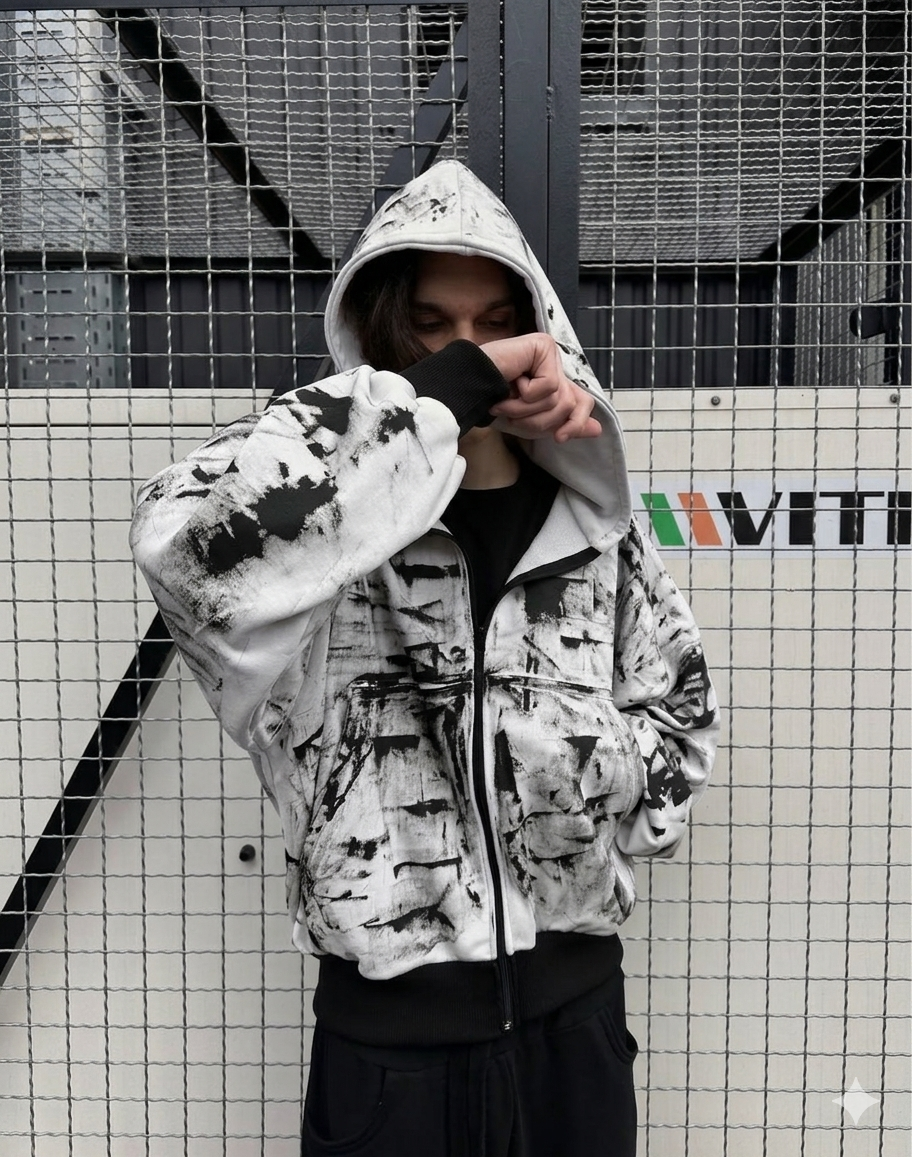 TRZ WHITE PATERN ZIP-HOODIE